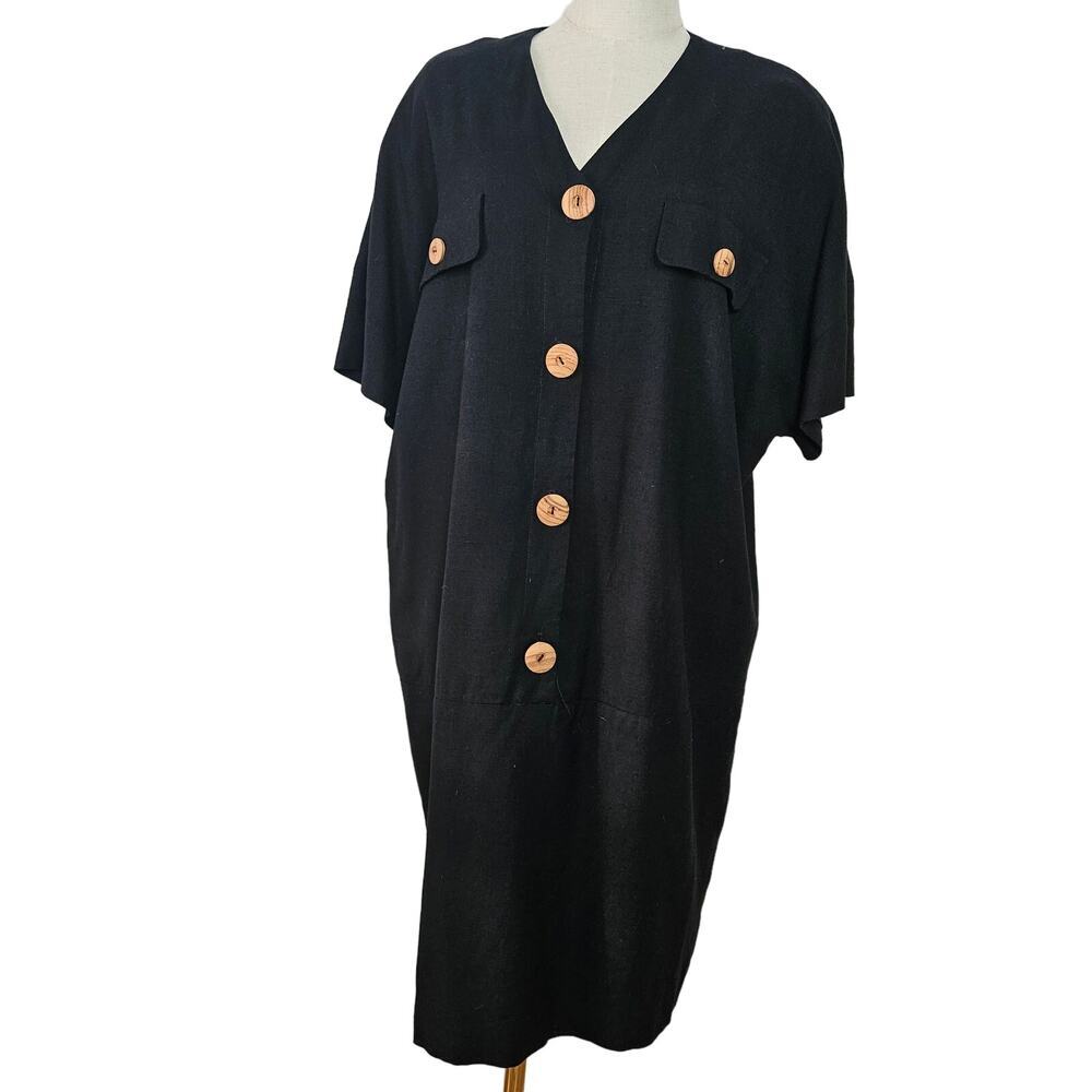 Vintage 80s Spenser Jeremy Tapered Button Front Knee Length Dress M? Black